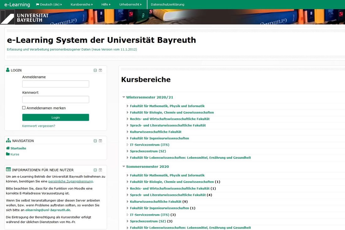 Hier sehen Sie die e-Learning Startseite der Uni Bayreuth.